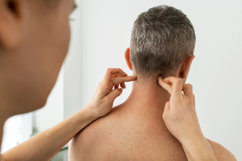 Enfermeira massageando a cabeça do paciente em referência a terapia neural